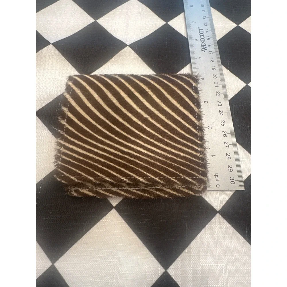 Zebra Print Calf Hair Bifold Wallet Brown Cream Animal Hide Card Case ID Window